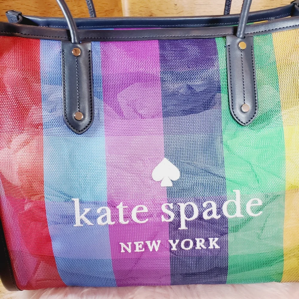 Kate spade xl pride collection tote multi color blue yellow green rainbow mesh